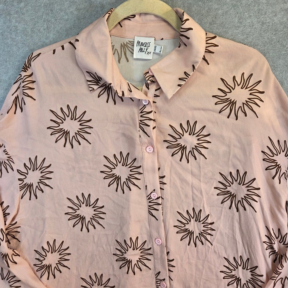 Princess Polly Button Down Shirt Womens 4 Pink Brown Sunburst Print Viscose - Picture 2 of 8